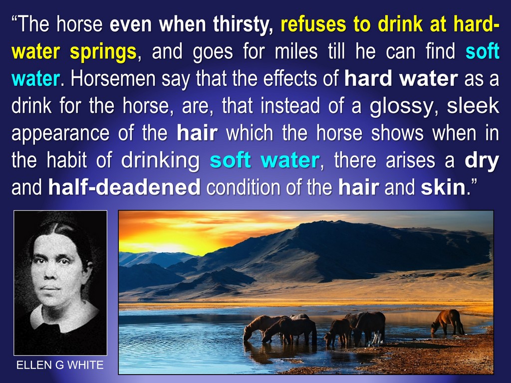 Ellen G White encouraged drinking soft water and not hard water (high in harmful inorganic calcium carbonate)